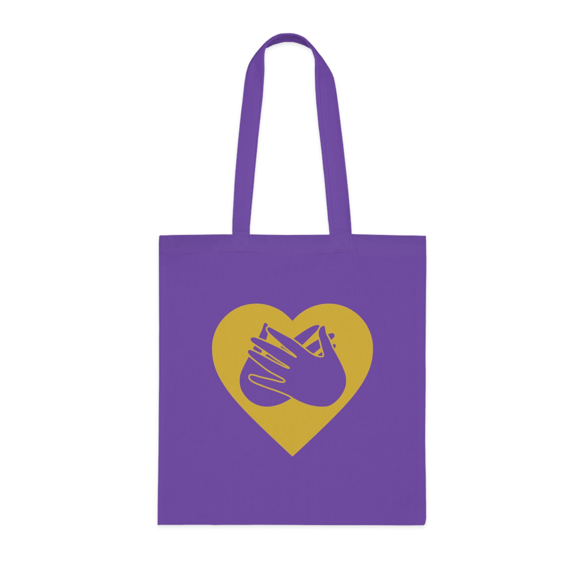 Lavender Tote Bag showing a gold coloured heart and the iconic BSL Love sign embedded in it