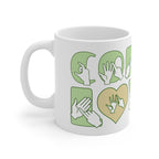 White mug featuring the phrase Coffee Lover written in BSL Fingerspelling and Text wrapping around the mug in green. The mug handle is on the left hand side of the mug.