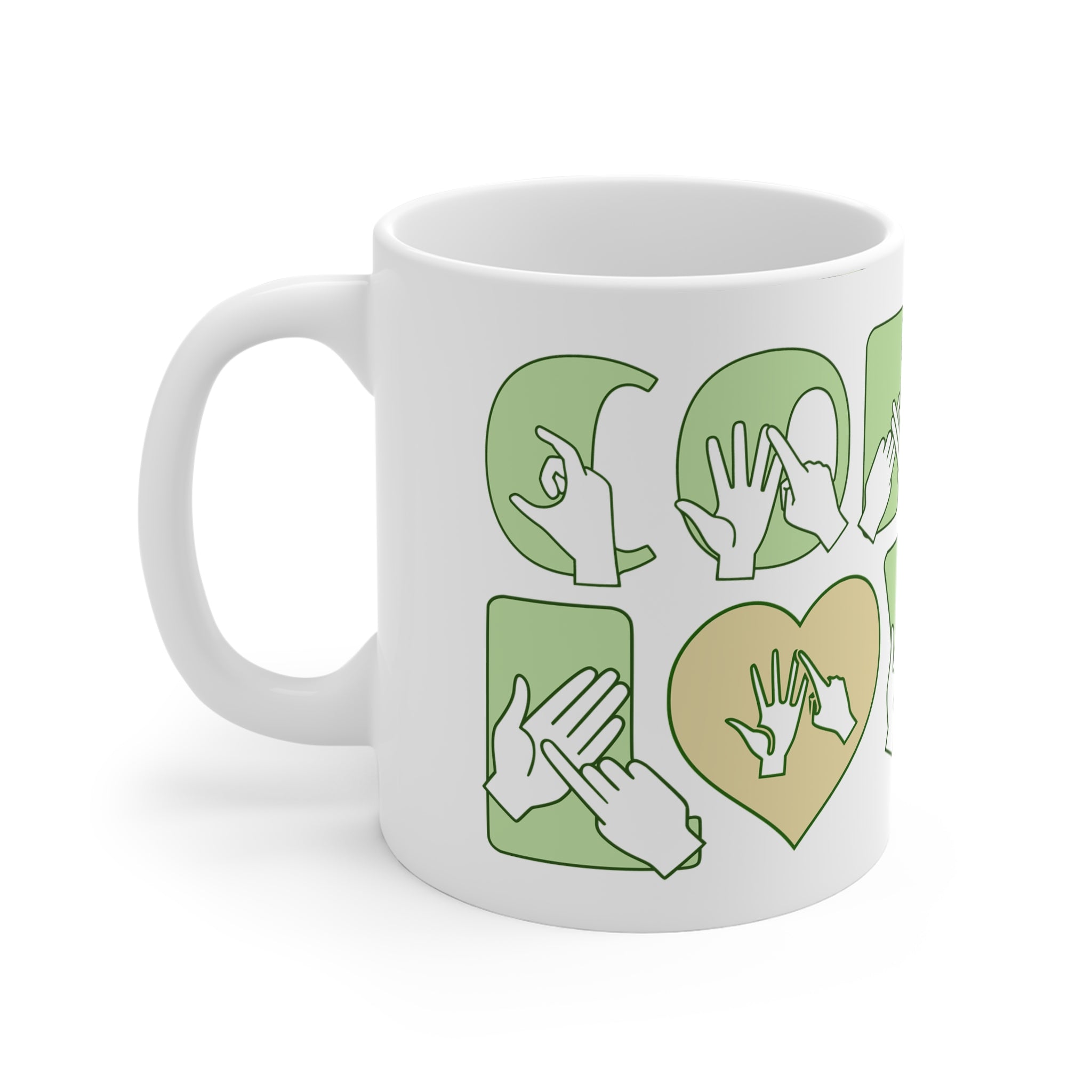 White mug featuring the phrase Coffee Lover written in BSL Fingerspelling and Text wrapping around the mug in green. The mug handle is on the left hand side of the mug.