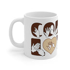 White mug featuring the phrase Coffee Lover written in BSL Fingerspelling and Text wrapping around the mug in brown. The mug handle is on the left hand side of the mug.