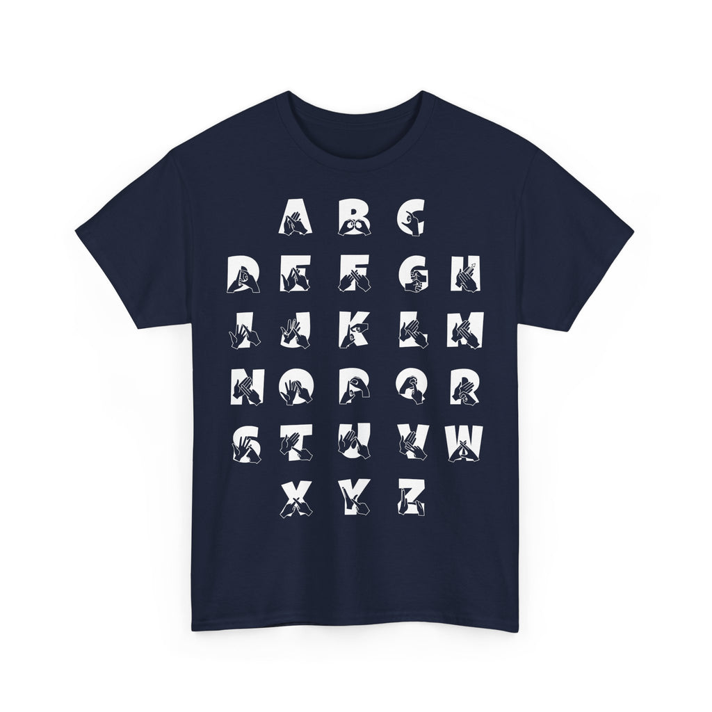 Front view of a Navy t-shirt with BSL Alphabet - White Fingerspelling & Text