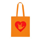 Orange Tote Bag showing a gold coloured heart with the iconic ASL I Love You sign embedded in it