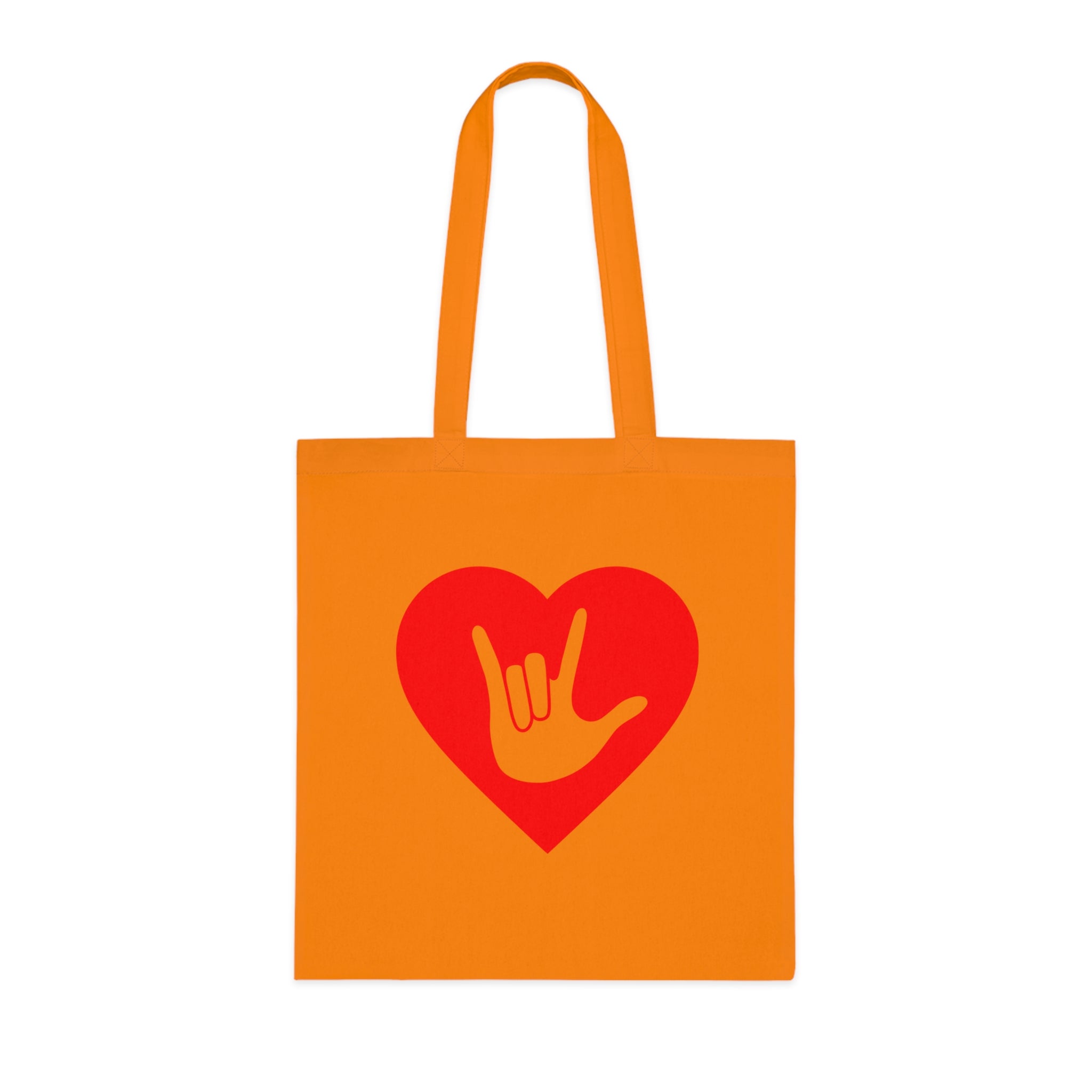 Orange Tote Bag showing a gold coloured heart with the iconic ASL I Love You sign embedded in it