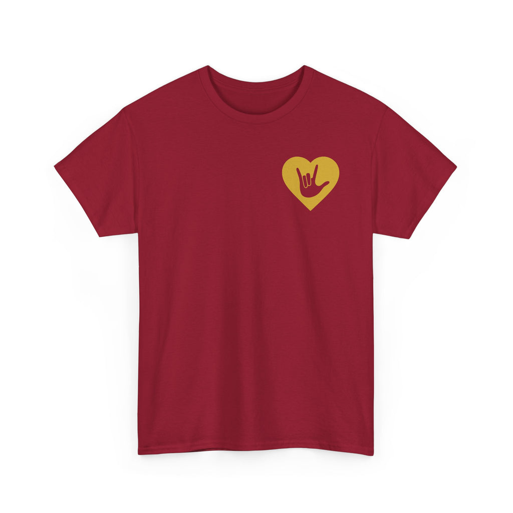 Front view of a cardinal red T-Shirt showing a gold coloured heart and the iconic ASL I Love You sign embedded in it on the left side of the chest