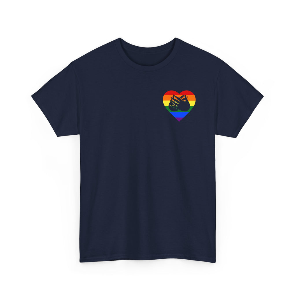 Front view of a navy T-Shirt showing a pride coloured heart and the iconic BSL Love sign embedded in it on the left side of the chest