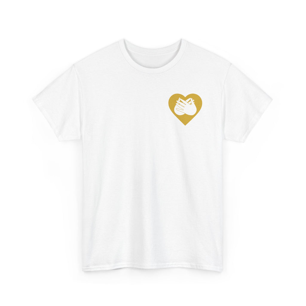 Front view of a white T-Shirt showing a gold coloured heart and the iconic BSL Love sign embedded in it on the left side of the chest