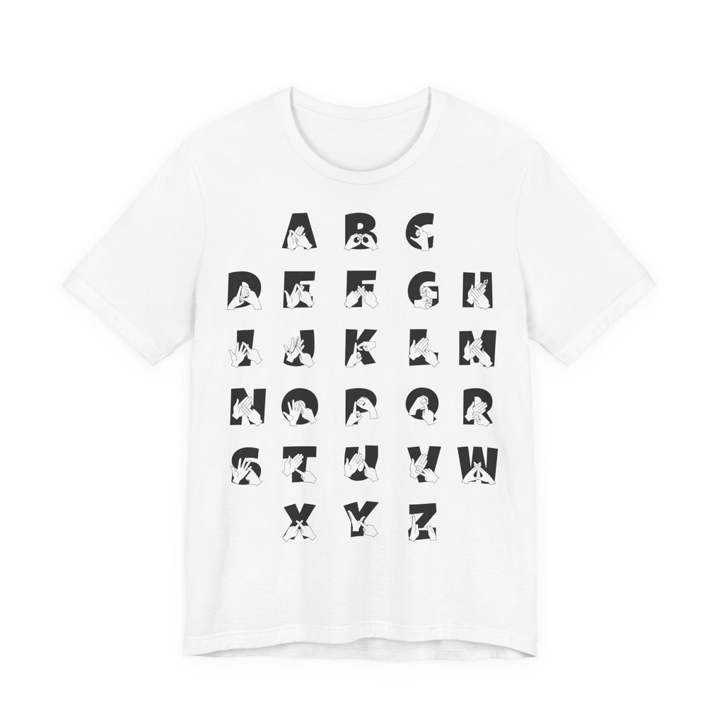 Front view of a white t-shirt with BSL Alphabet - Black Fingerspelling & Text