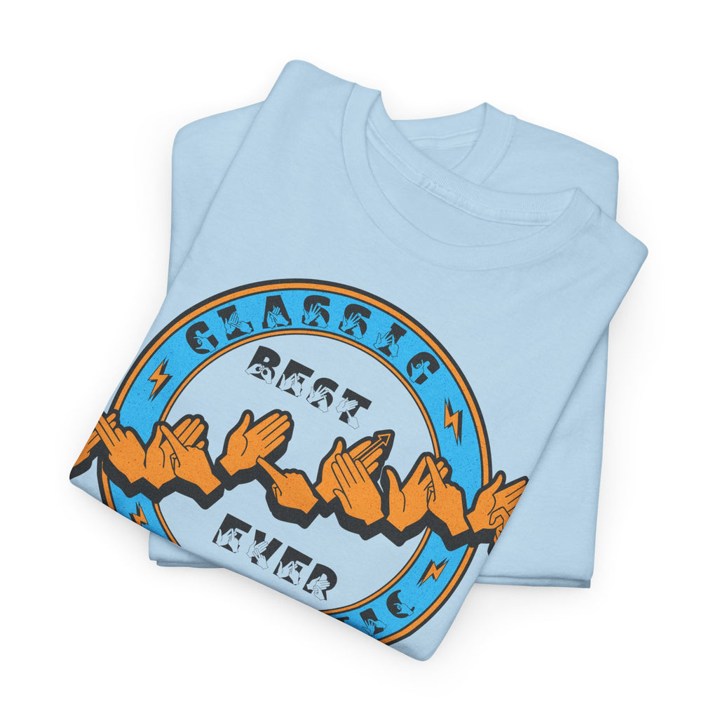 Folded light blue T-shirt with ‘Best Father Ever’ in BSL fingerspelling and text on the front