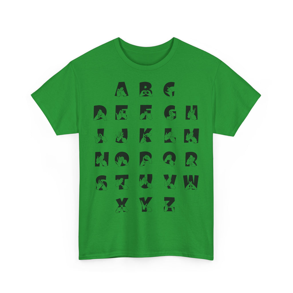 Front view of a Irish green t-shirt with BSL Alphabet - Black Fingerspelling