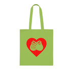 Lime Tote Bag showing a red coloured heart and the iconic BSL Love sign embedded in it