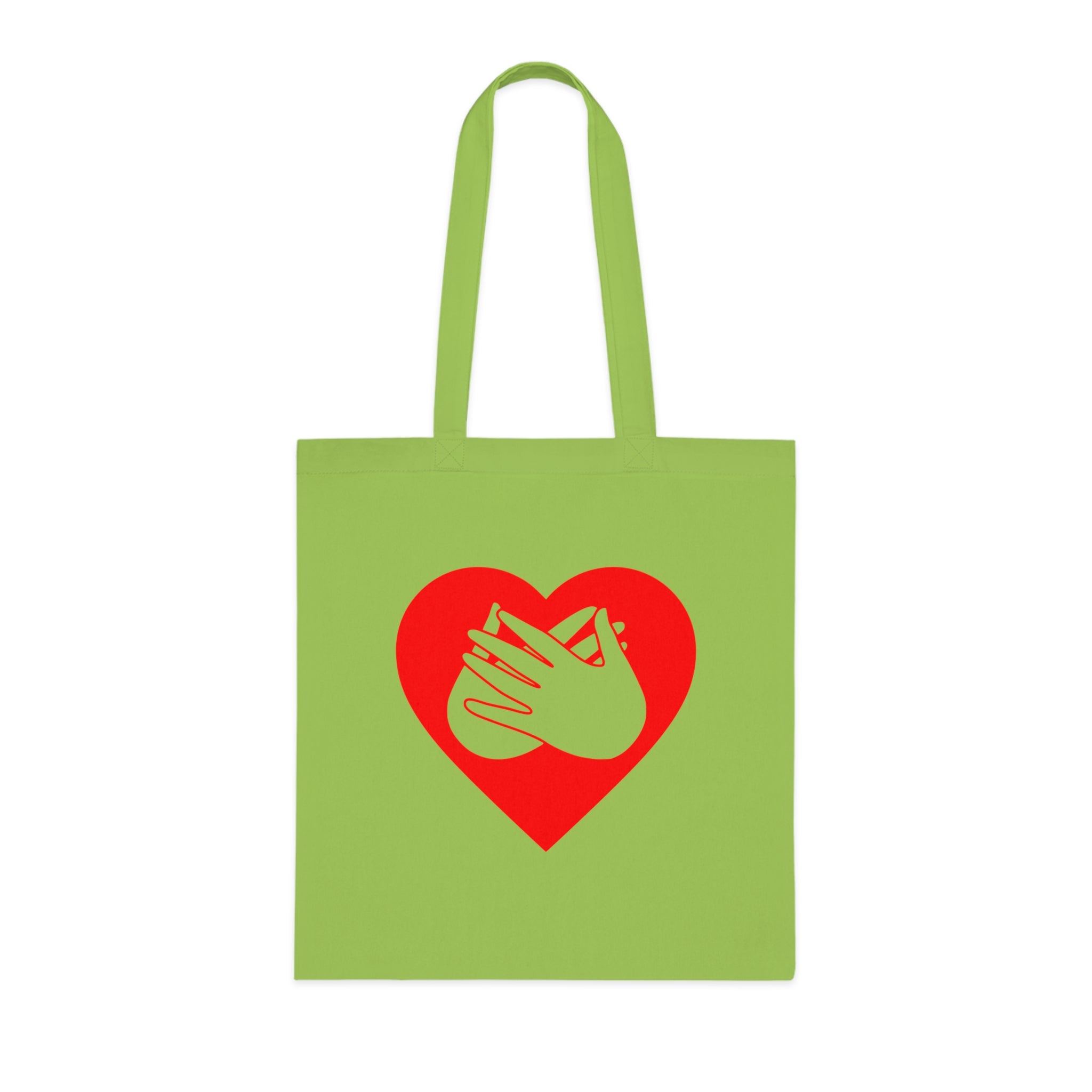 Lime Tote Bag showing a red coloured heart and the iconic BSL Love sign embedded in it