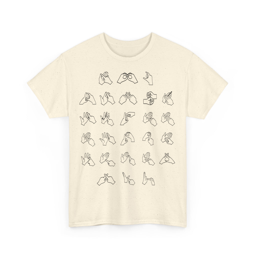 Front view of a natural t-shirt with BSL Alphabet - Black Fingerspelling