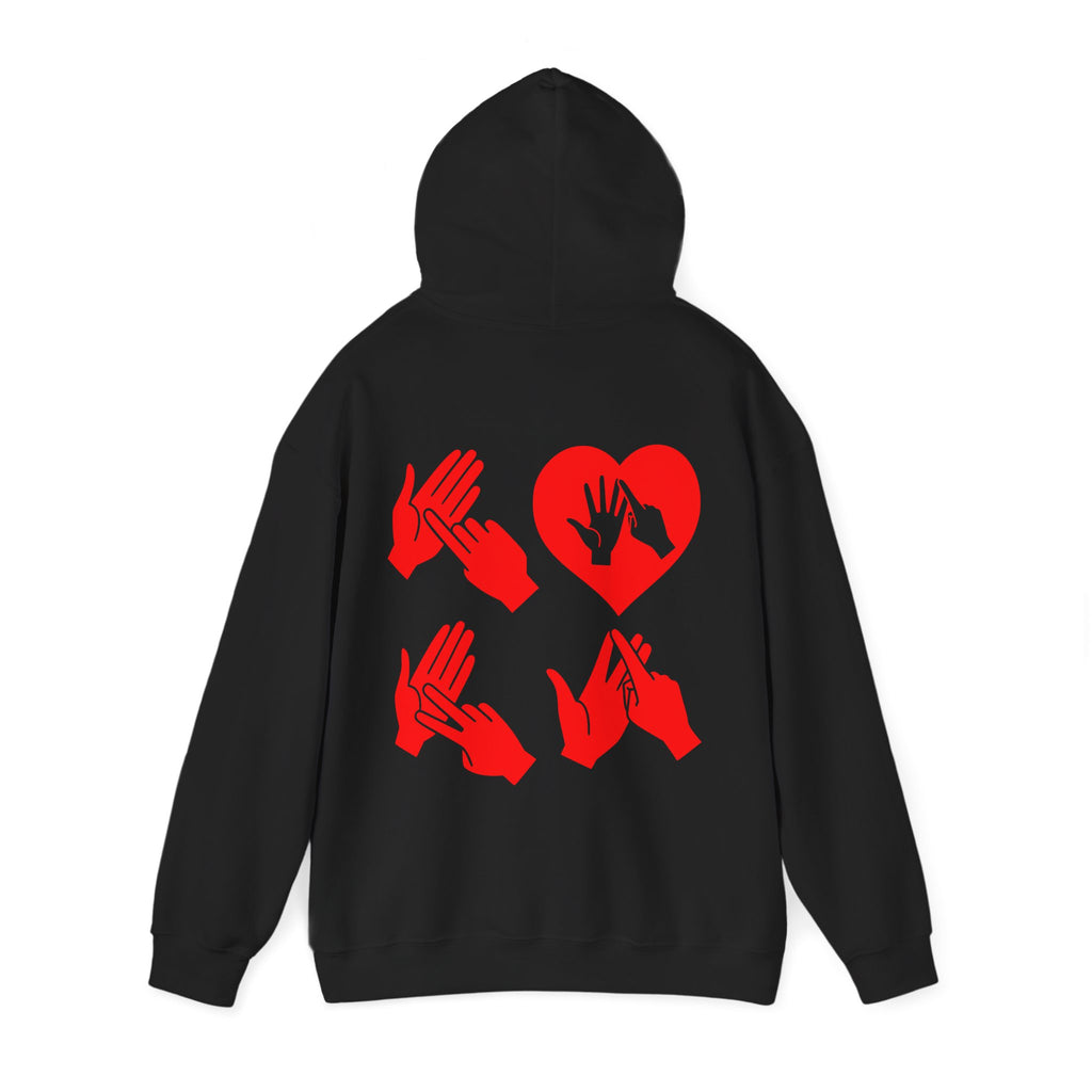 Back view of a black hoodie with the word Love in red BSL Fingerspelling with the 'O' embedded in a heart shape