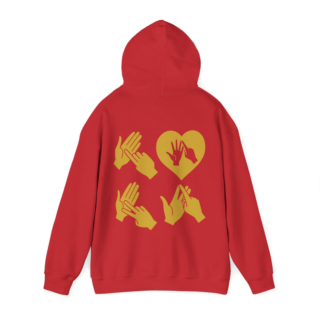 Back view of a red hoodie with the word Love in gold BSL Fingerspelling with the 'O' embedded in a heart shape