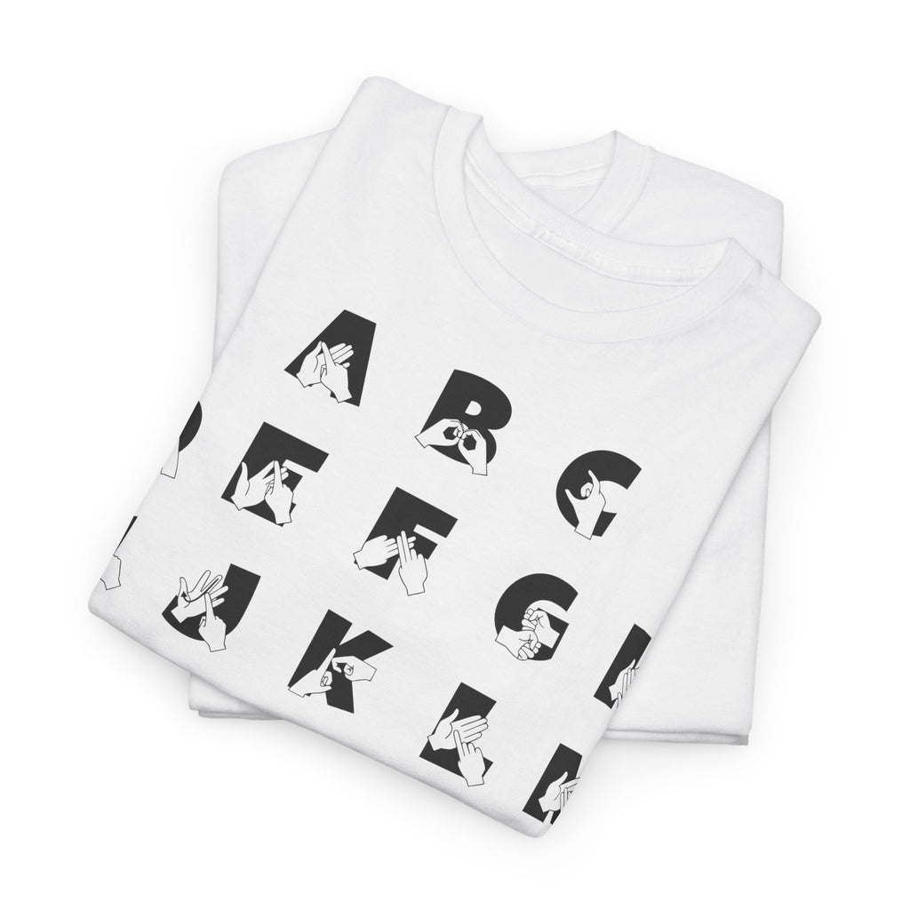 Folded white t-shirt with BSL Alphabet - Black Fingerspelling & Text