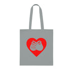 Grey Tote Bag showing a red coloured heart and the iconic BSL Love sign embedded in it