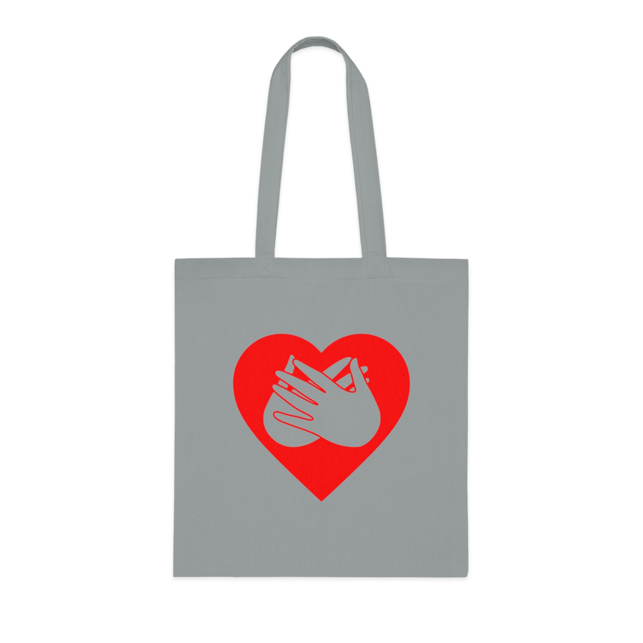 Grey Tote Bag showing a red coloured heart and the iconic BSL Love sign embedded in it