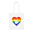 White Tote Bag showing a Pride coloured heart and the iconic ASL I Love You sign embedded in it