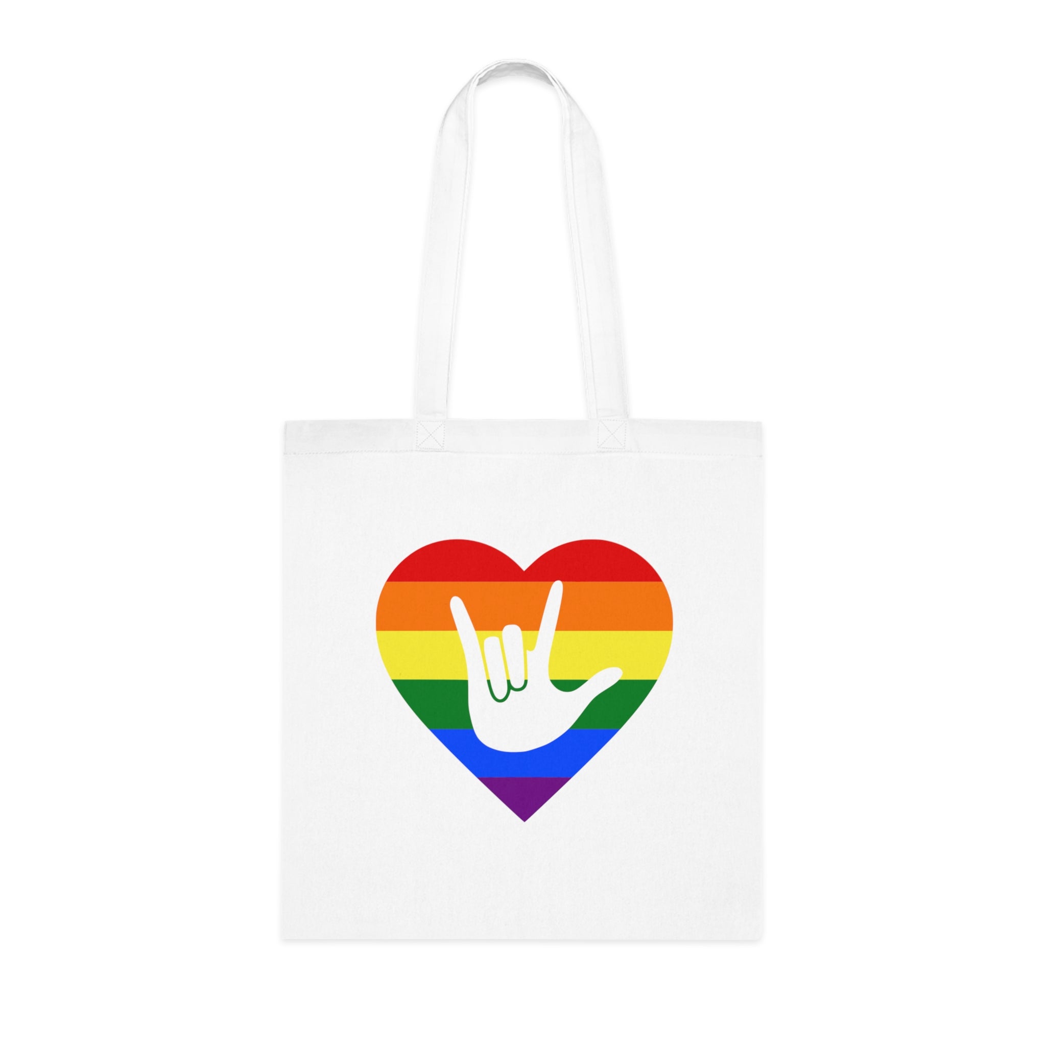 White Tote Bag showing a Pride coloured heart and the iconic ASL I Love You sign embedded in it