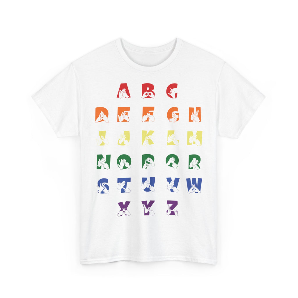 Front view of a White t-shirt with BSL Alphabet - Pride Fingerspelling & Text