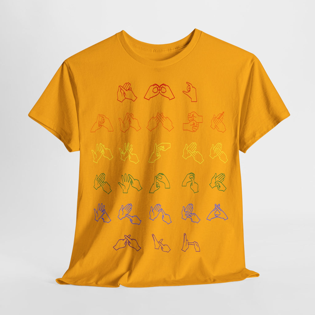 Front view of a gold t-shirt with BSL Alphabet - Pride Fingerspelling on a light grey background