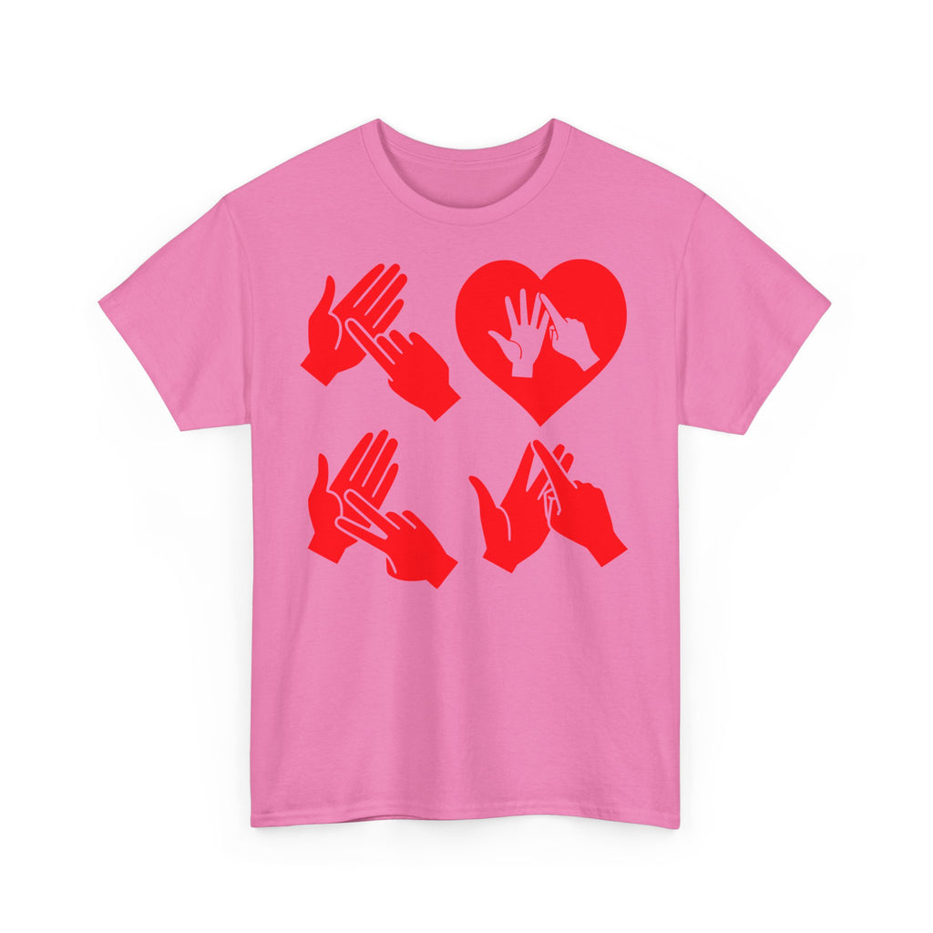 Front view of a azalea T-Shirt with the word Love in red BSL Fingerspelling with the 'O' embedded in a heart shape 