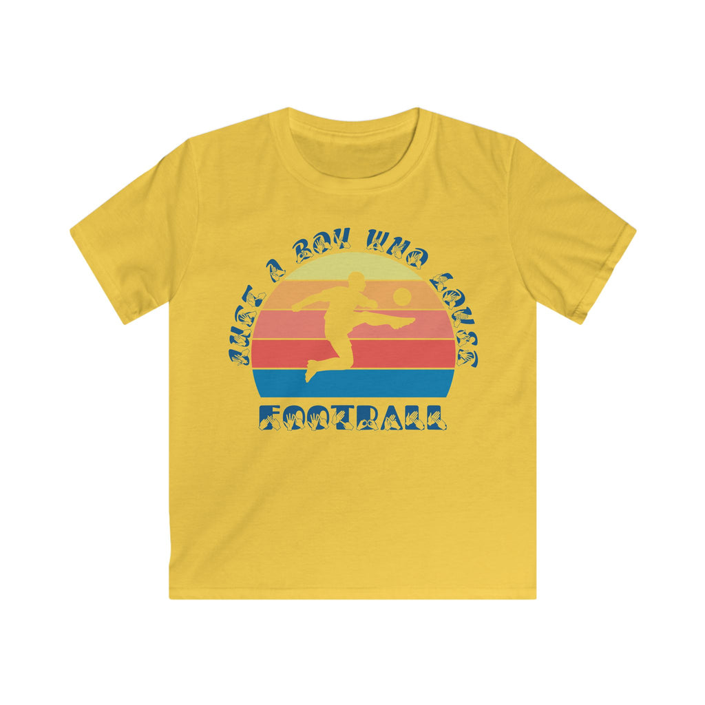 Daisy t-shirt with the phrase "Just a Boy Who Loves Football" in BSL Fingerspelling and text featuring a colourful retro sunset and a silhouette of a boy kicking a football.