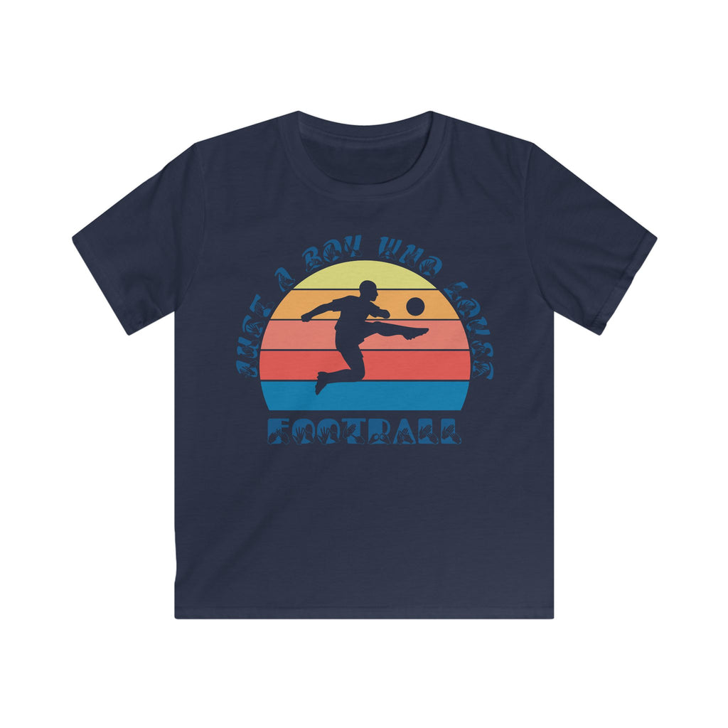 Navy t-shirt with the phrase "Just a Boy Who Loves Football" in BSL Fingerspelling and text featuring a colourful retro sunset and a silhouette of a boy kicking a football.