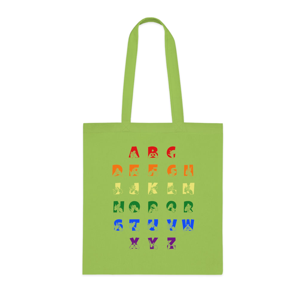 Lime Tote Bag with BSL Alphabet - Pride Fingerspelling & Text