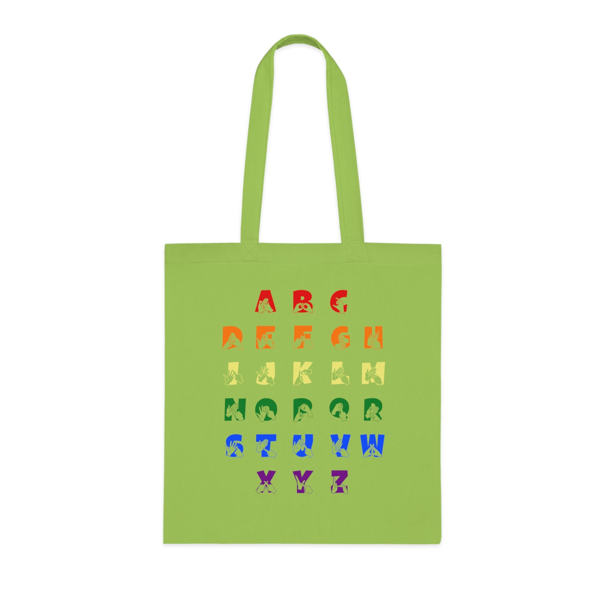 Lime Tote Bag with BSL Alphabet - Pride Fingerspelling & Text
