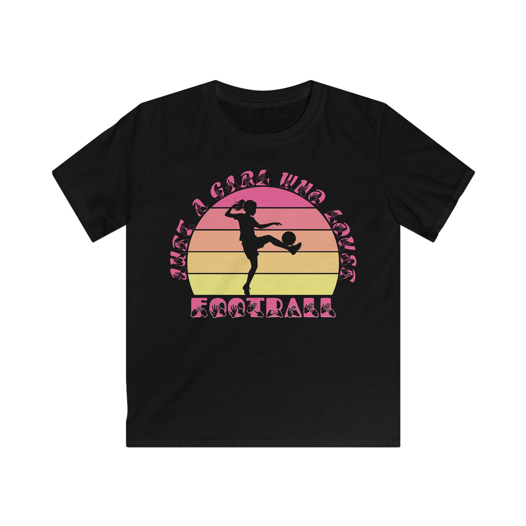 Black t-shirt with the phrase "Just a Girl Who Loves Football" in BSL Fingerspelling and text featuring a colourful retro sunset and a silhouette of a boy kicking a football.