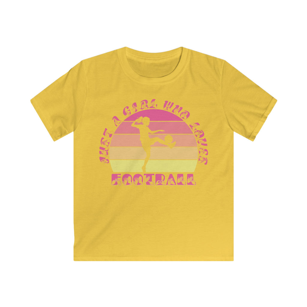Daisy t-shirt with the phrase "Just a Girl Who Loves Football" in BSL Fingerspelling and text featuring a colourful retro sunset and a silhouette of a boy kicking a football.