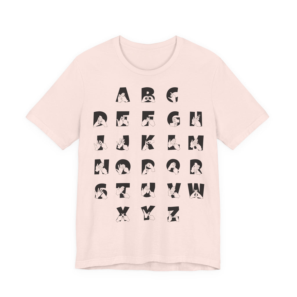 Front view of a soft pink t-shirt with BSL Alphabet - Black Fingerspelling & Text