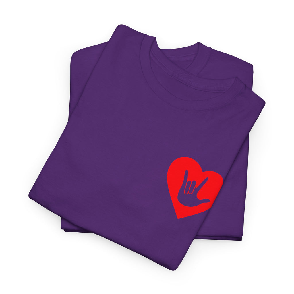 Folded purple T-Shirt showing a red coloured heart and the iconic ASL I Love You sign embedded in it on the left side of the chest