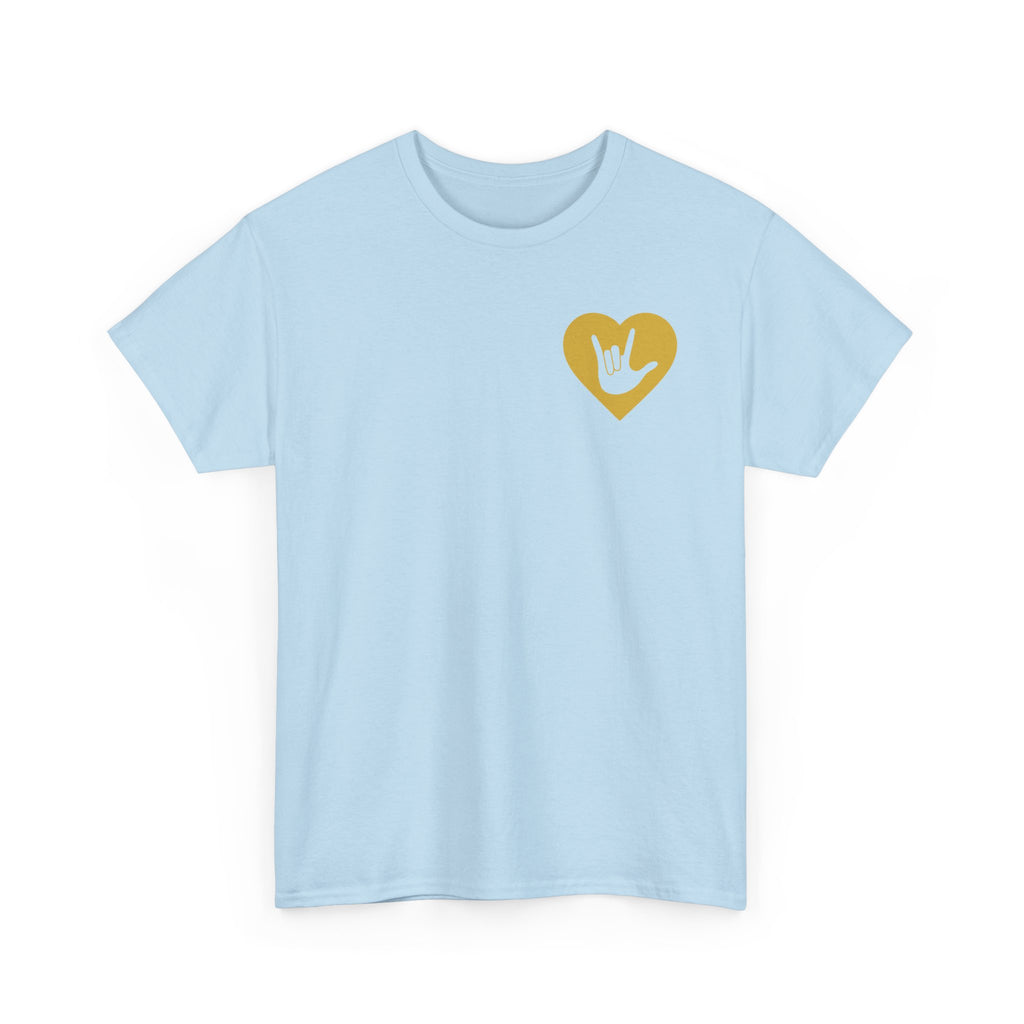 Front view of a light blue T-Shirt showing a gold coloured heart and the iconic ASL I Love You sign embedded in it on the left side of the chest