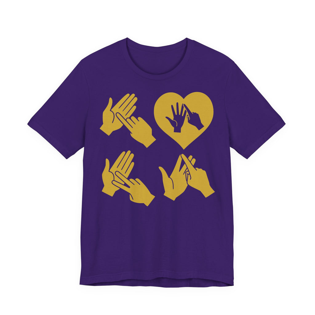 Front view of a team purple T-Shirt with the word Love in gold BSL Fingerspelling with the 'O' embedded in a heart shape
