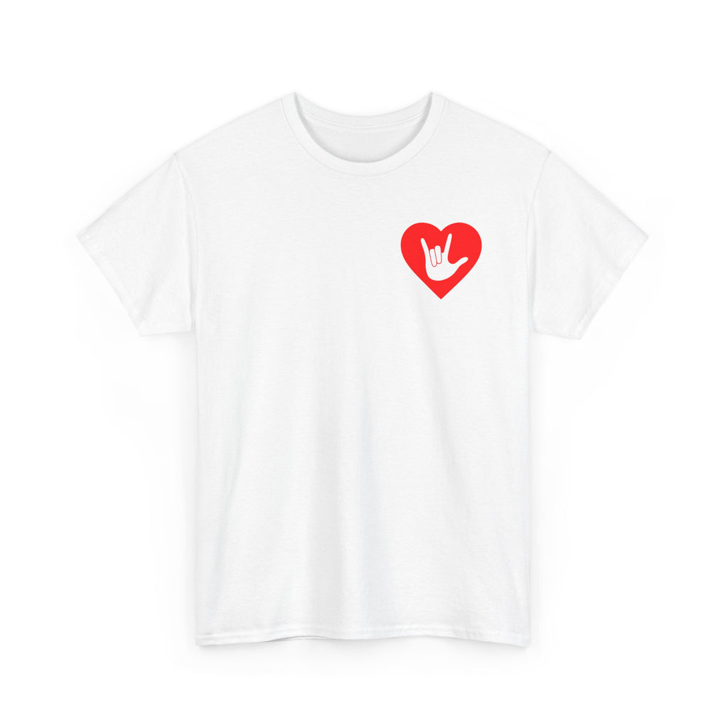 Front view of a white T-Shirt showing a red coloured heart and the iconic ASL I Love You sign embedded in it on the left side of the chest