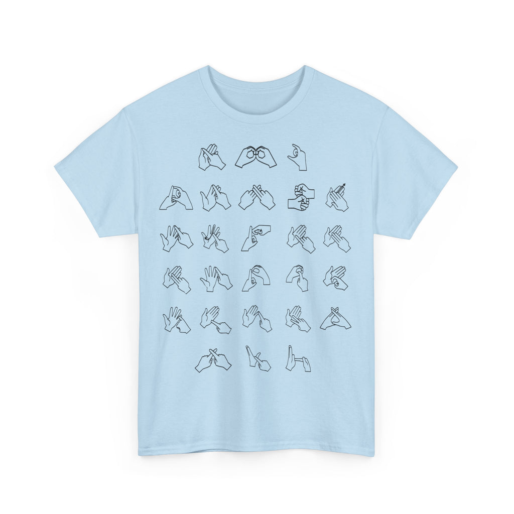 Front view of a light blue t-shirt with BSL Alphabet - Black Fingerspelling