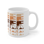 White mug featuring the phrase Coffee written in BSL Fingerspelling and Text wrapping around the mug in brown cutaway design. The mug handle is on the right hand side of the mug.