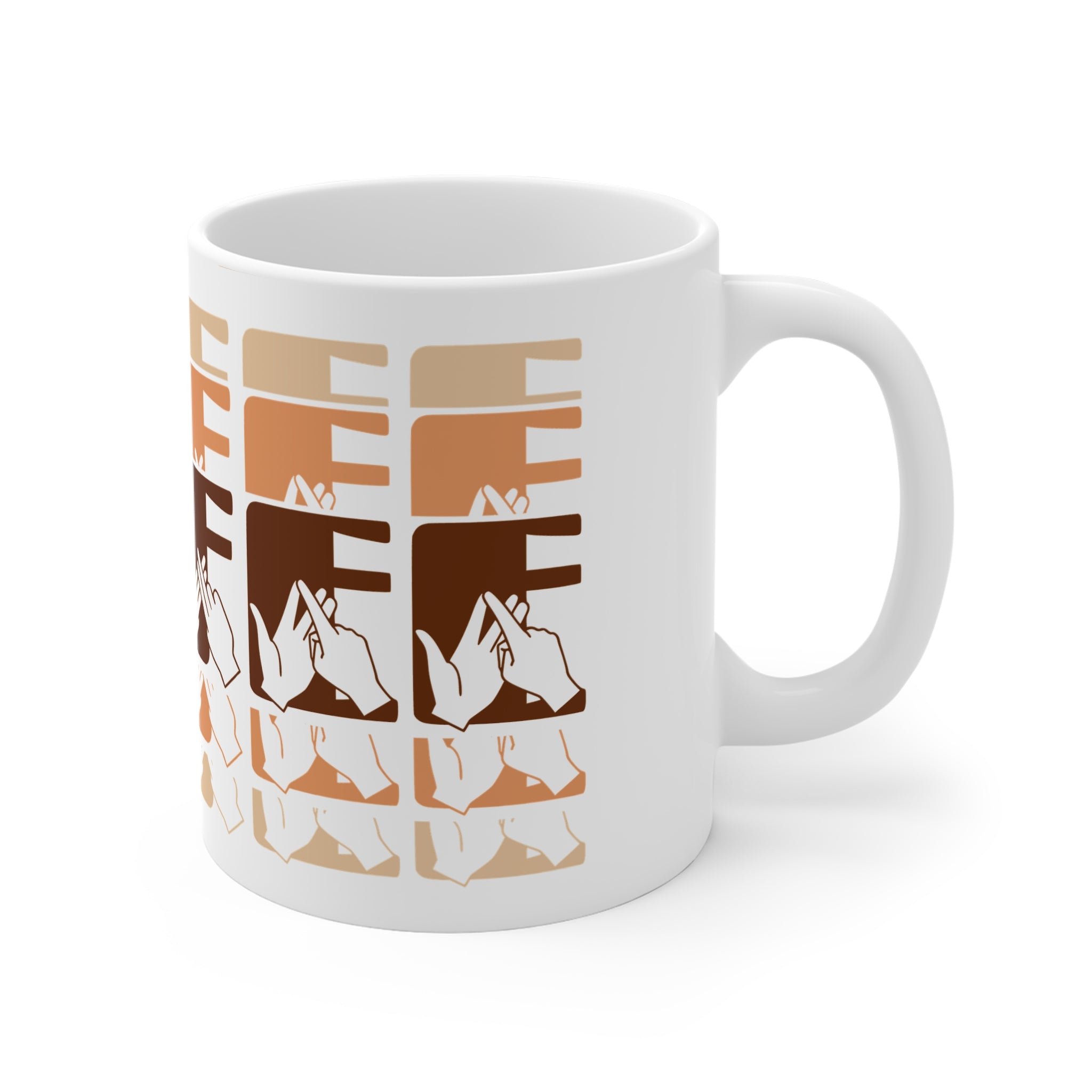 White mug featuring the phrase Coffee written in BSL Fingerspelling and Text wrapping around the mug in brown cutaway design. The mug handle is on the right hand side of the mug.