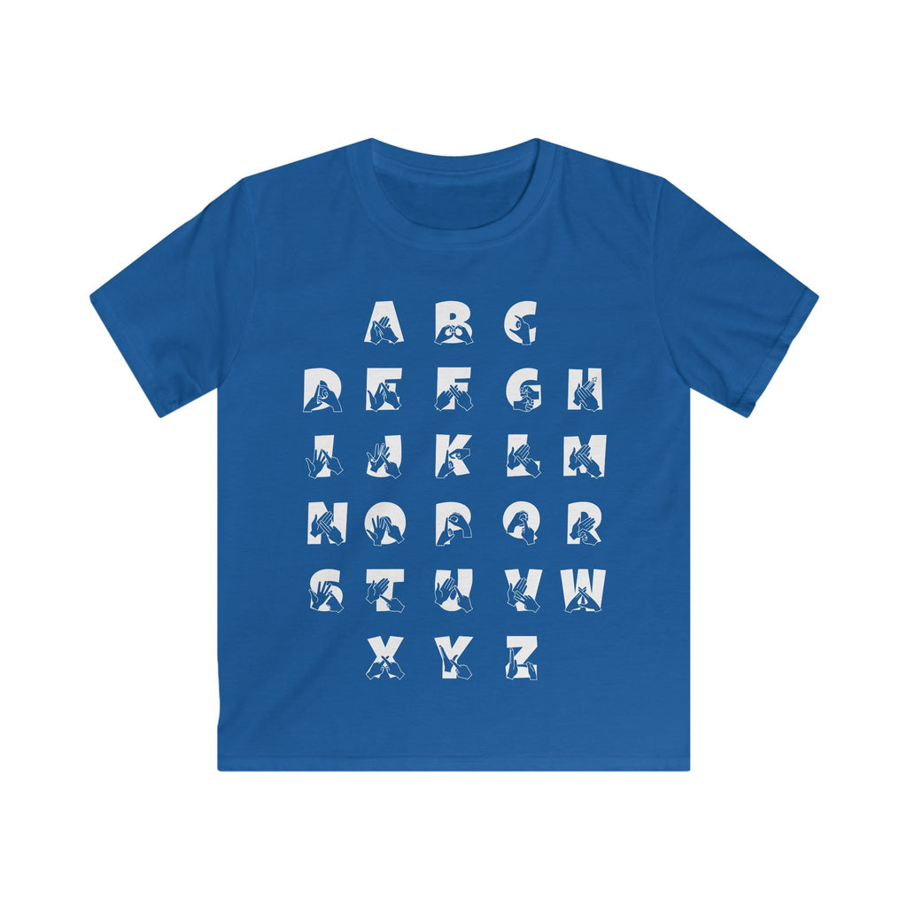 Front view of a royal t-shirt with BSL Alphabet - White Fingerspelling & Text