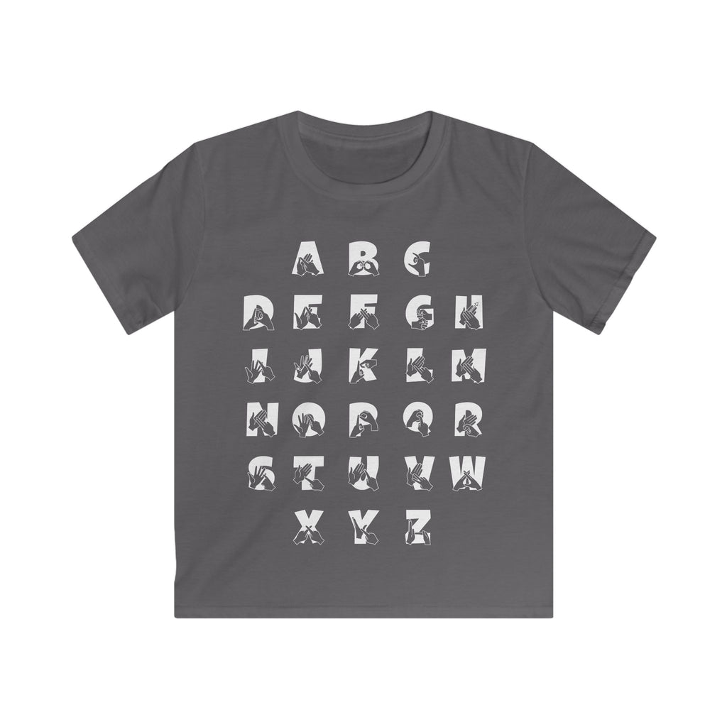 Front view of a charcoal t-shirt with BSL Alphabet - White Fingerspelling & Text