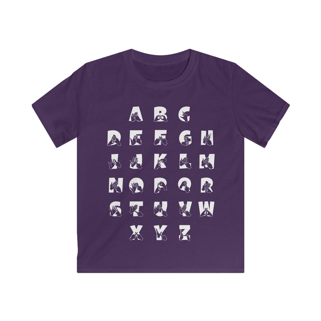 Front view of a purple t-shirt with BSL Alphabet - White Fingerspelling & Text