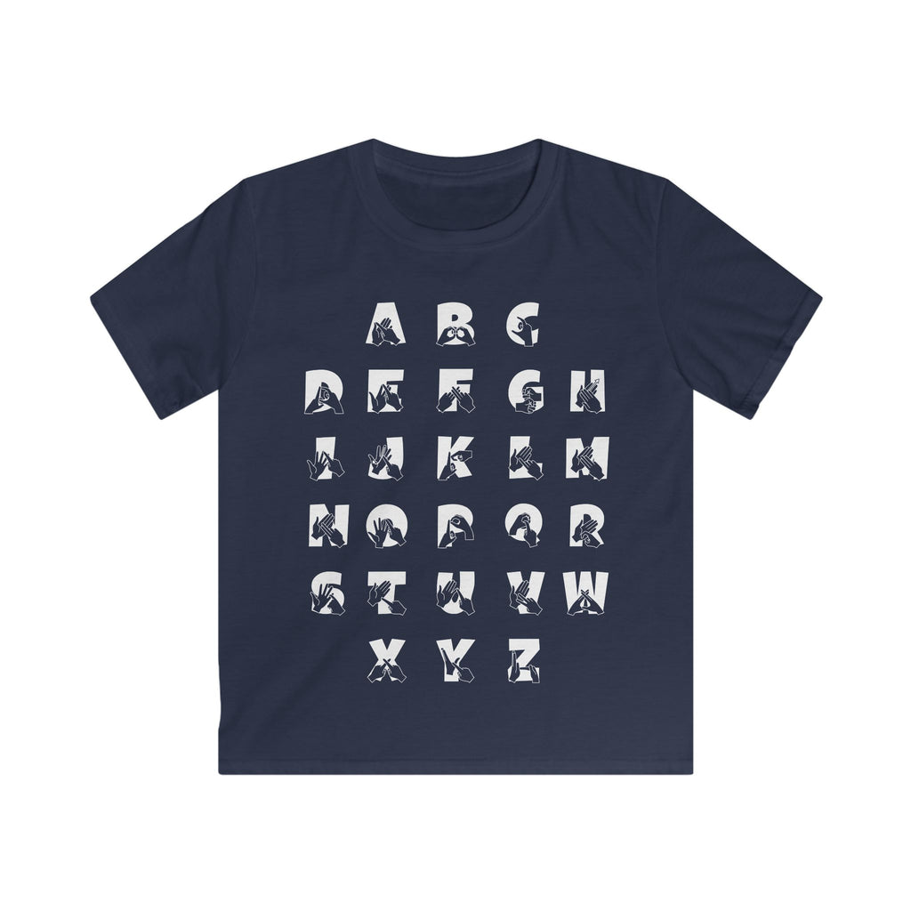 Front view of a navy t-shirt with BSL Alphabet - White Fingerspelling & Text