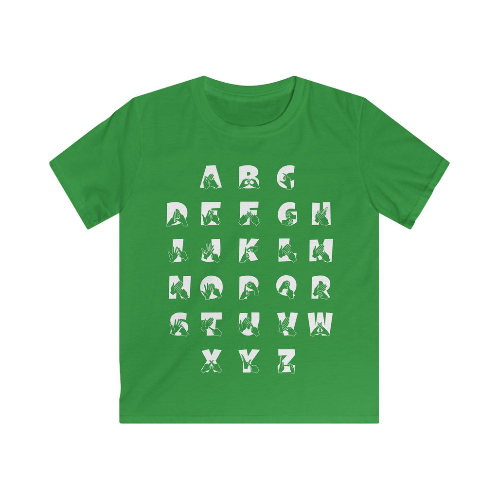 Front view of a Irish green t-shirt with BSL Alphabet - White Fingerspelling & Text
