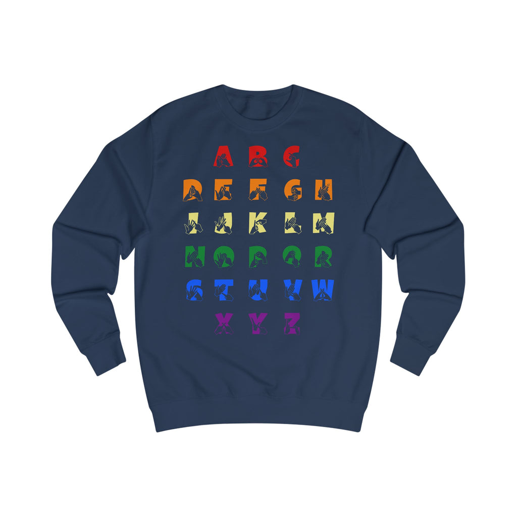 Front view of an oxford navy sweatshirt with BSL Alphabet - Pride Fingerspelling & Text