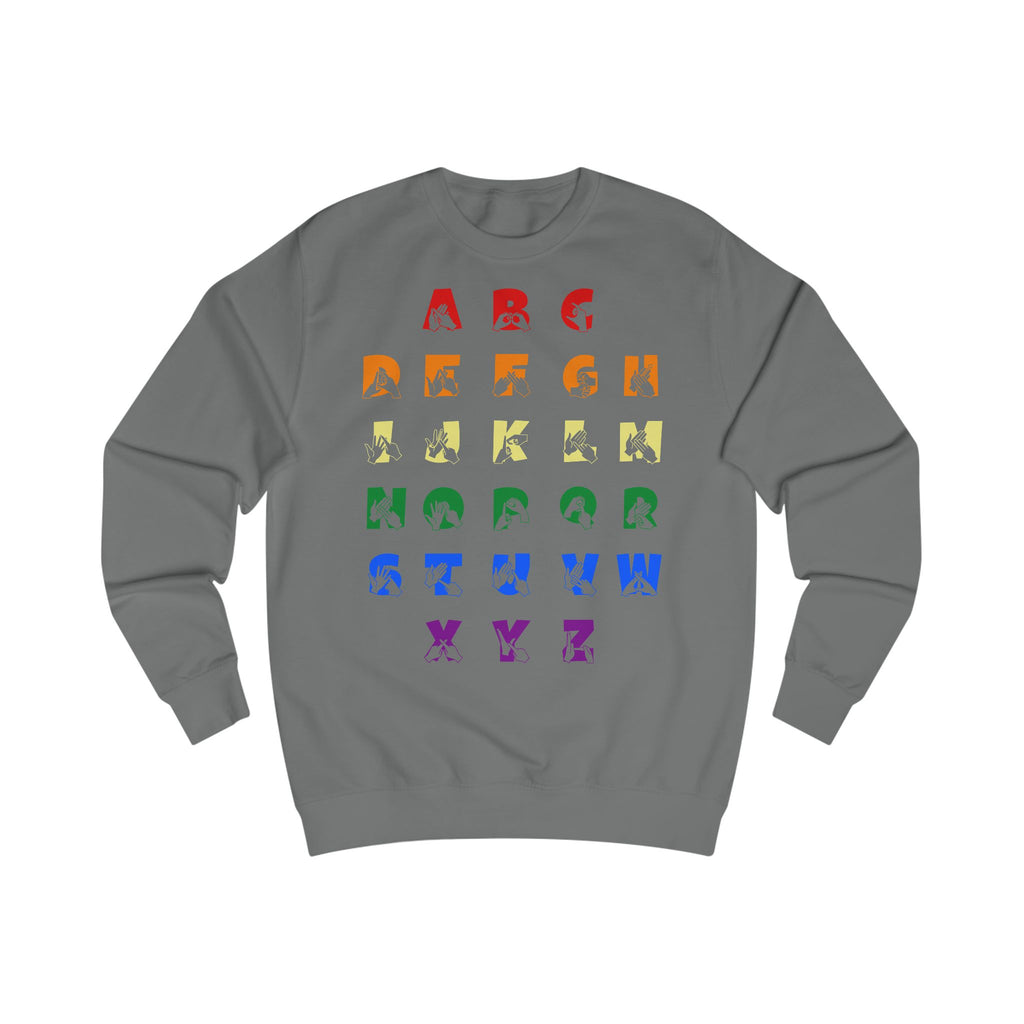 Front view of a steel grey sweatshirt with BSL Alphabet - Pride Fingerspelling & Text