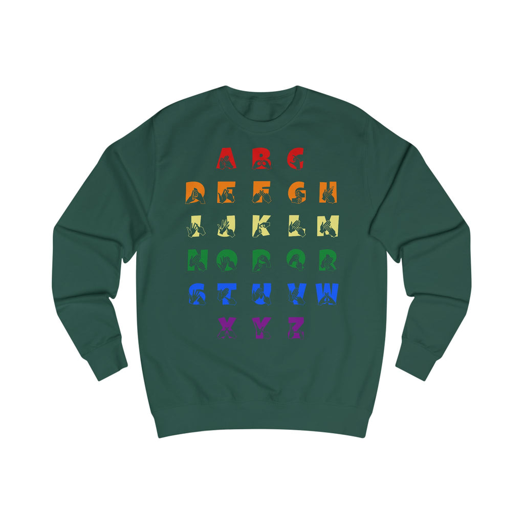 Front view of a bottle green sweatshirt with BSL Alphabet - Pride Fingerspelling & Text