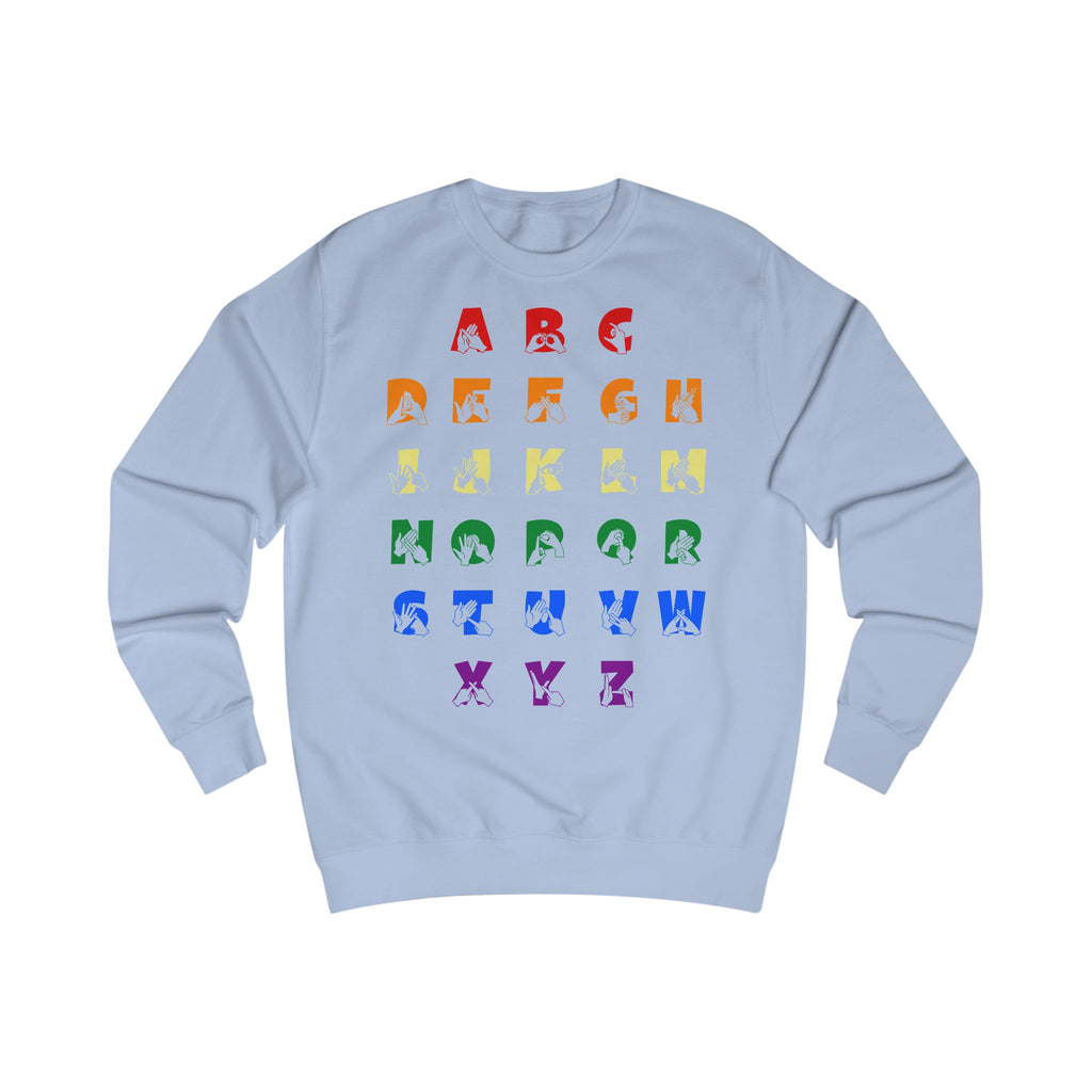 Front view of a sky blue sweatshirt with BSL Alphabet - Pride Fingerspelling & Text