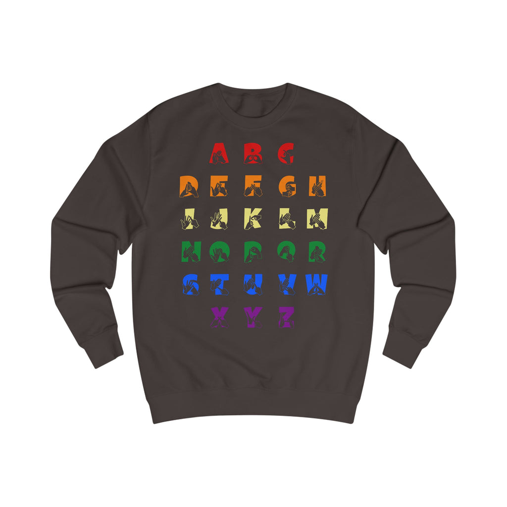 Front view of a hot chocolate sweatshirt with BSL Alphabet - Pride Fingerspelling & Text